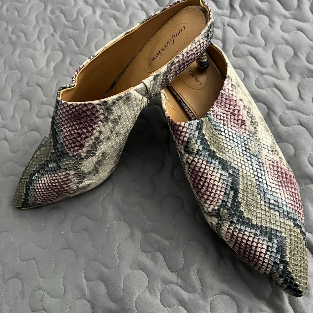 Faux Snake skin mules with kitten heel